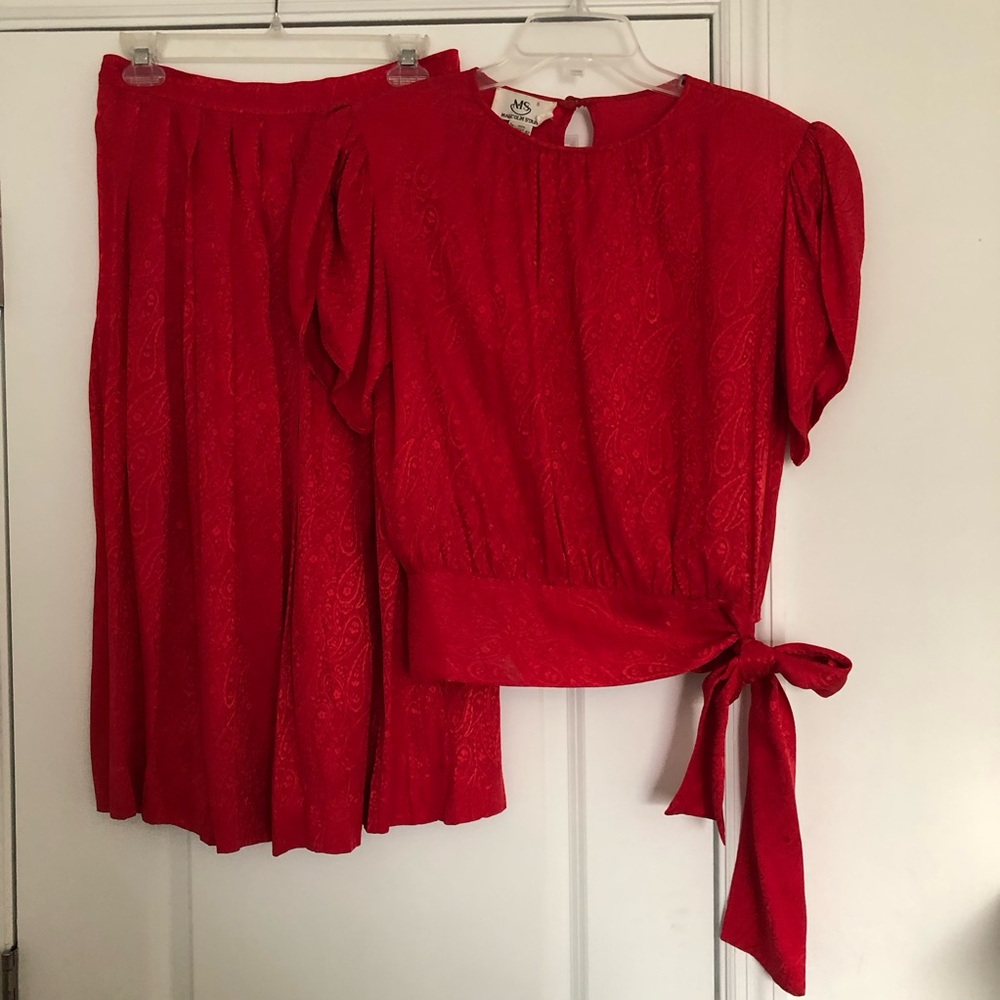 Vintage RARE Malcom Starr Red Two-Piece Silk Skirt Set with Side Tie Top